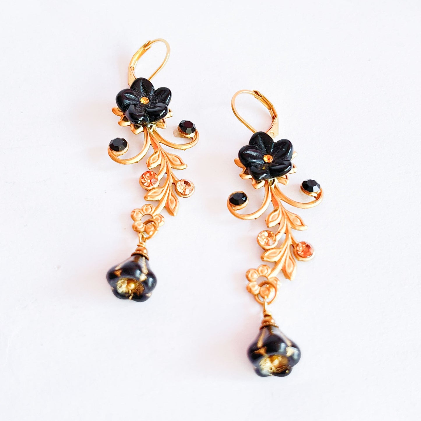 Golden Twig and Black Flower Earrings