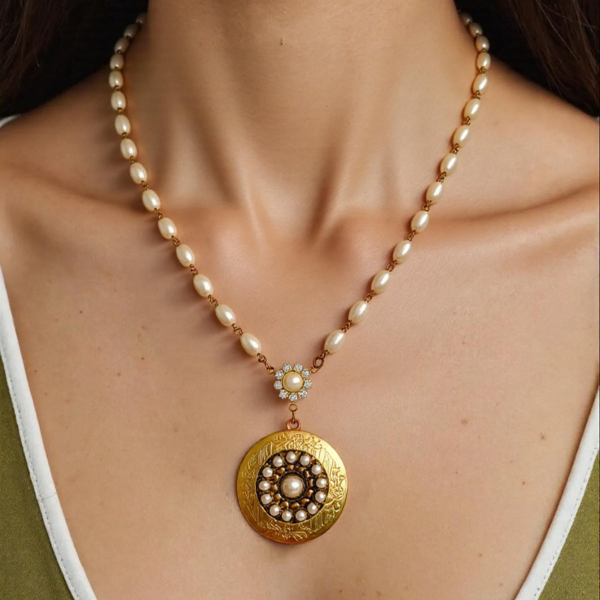 Jewel and Pearl Locket Necklace