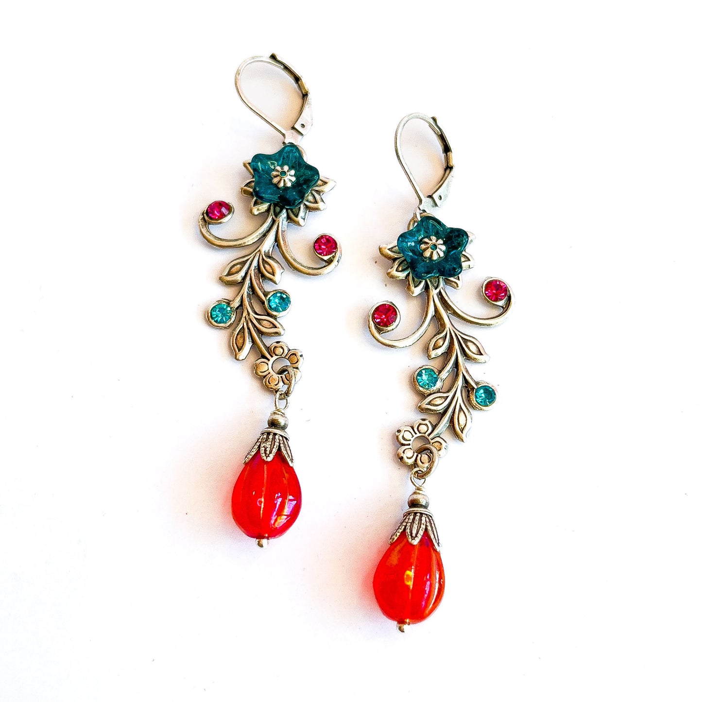 Blue Twig and Flower Earrings