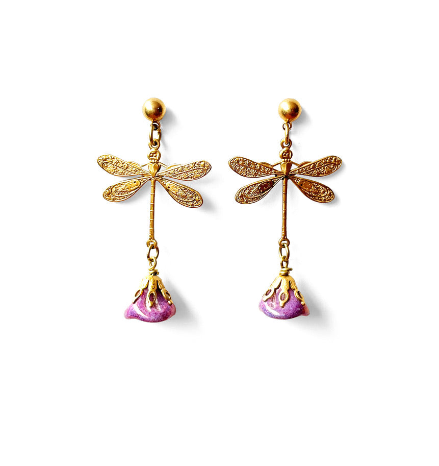Violet Flower Dragonfly Earrings
