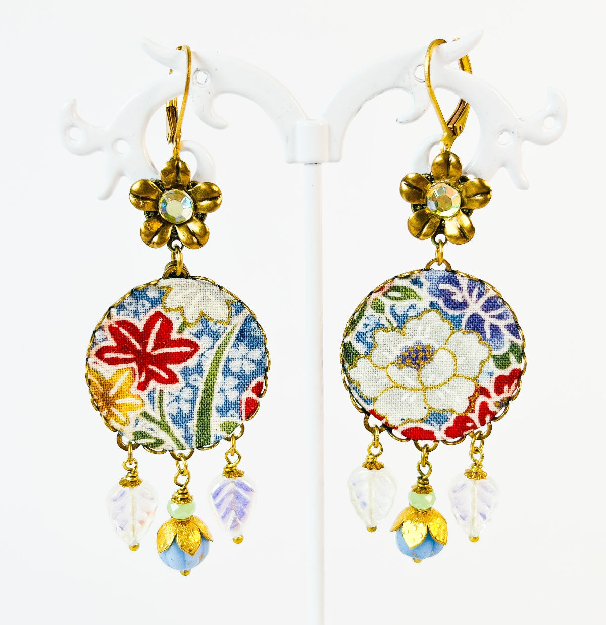 Aros Largos Textil Tela Japonesa Floral en tonos azul