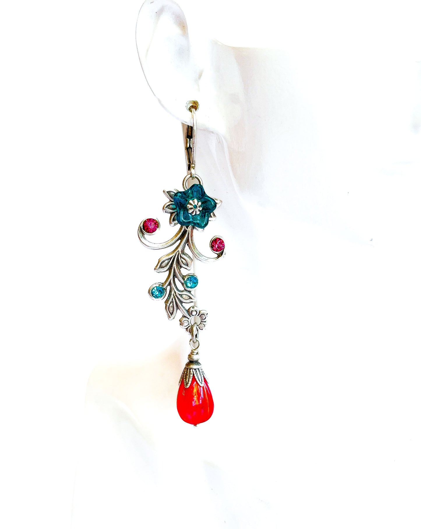 Blue Twig and Flower Earrings