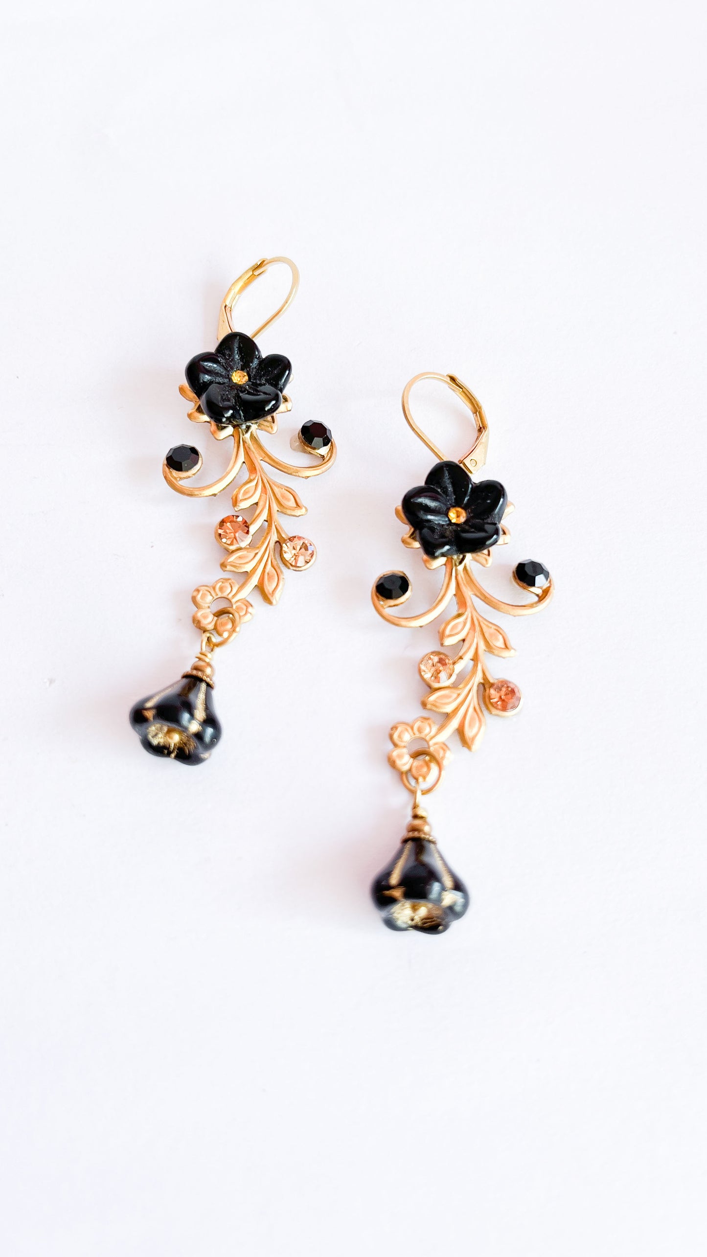 Golden Twig and Black Flower Earrings