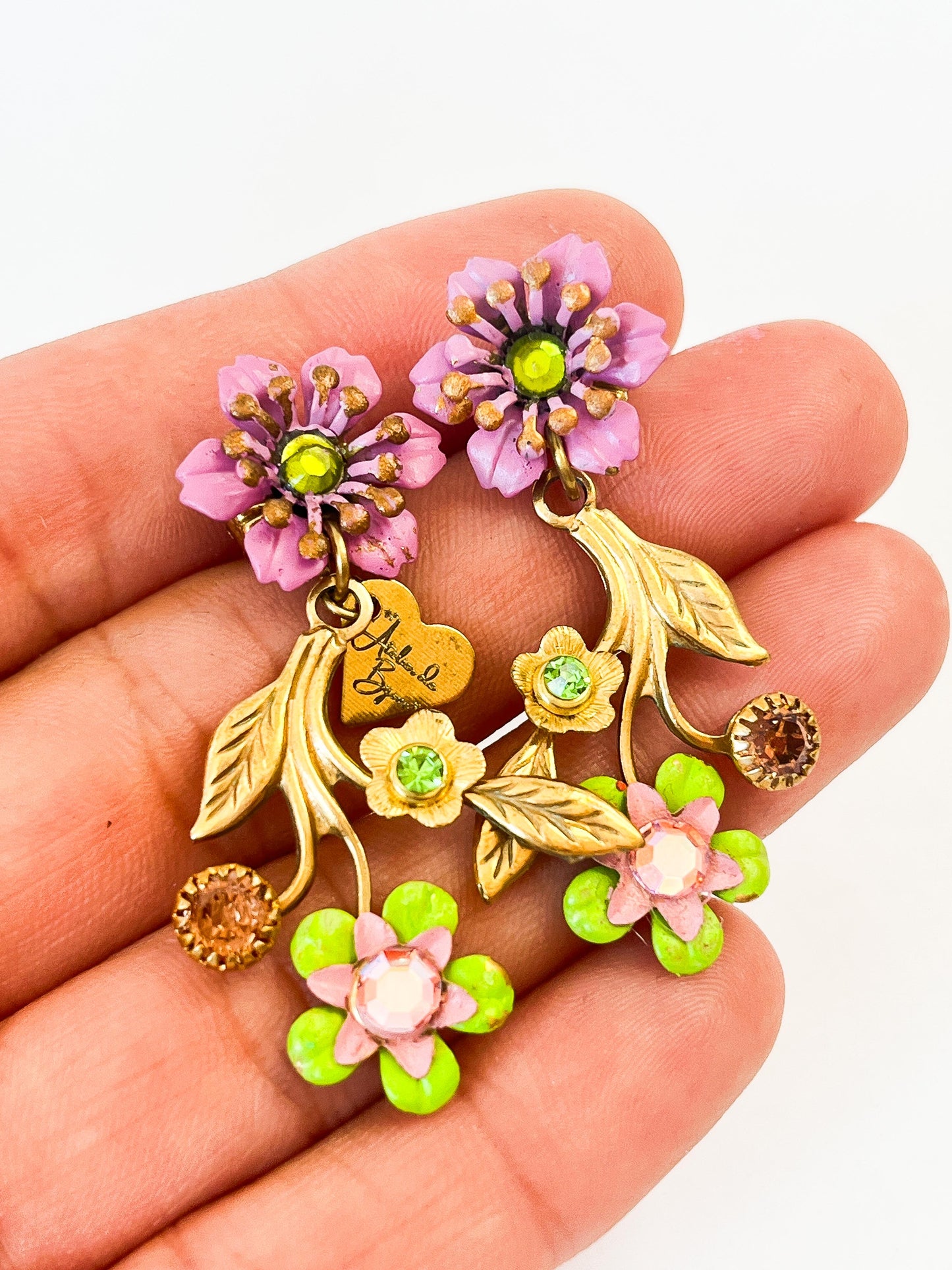 Pendientes Ramita Floral Rosado y Verde Lima