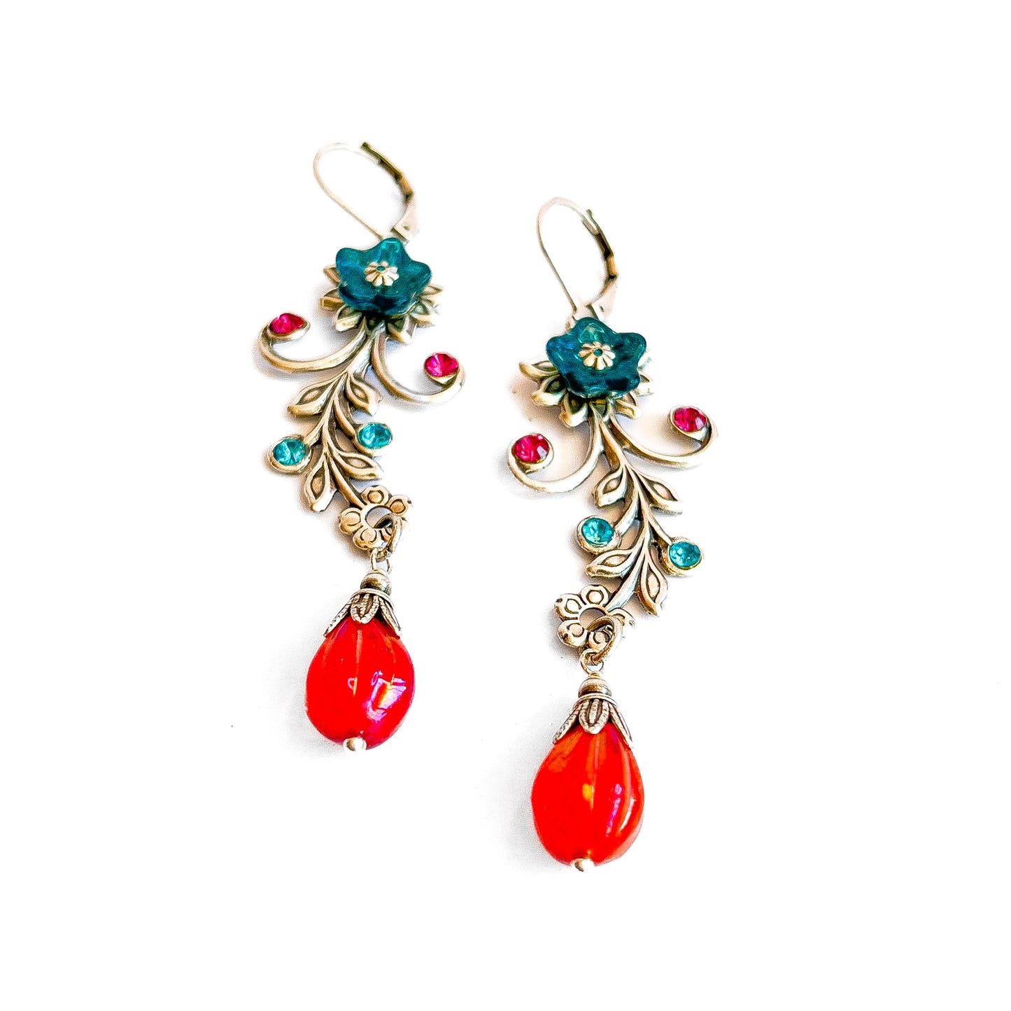 Blue Twig and Flower Earrings