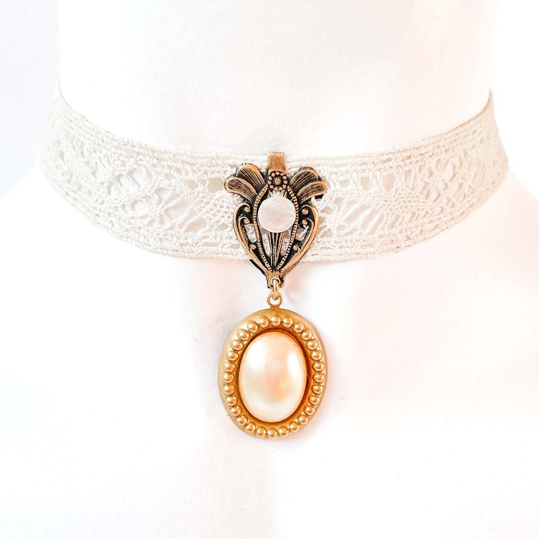 Choker de Puntilla con Colgante Perla Art Nouveau | Joyería Romántica