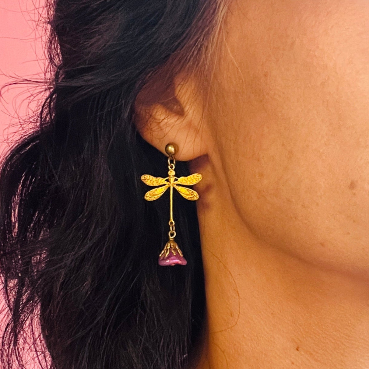 Violet Flower Dragonfly Earrings