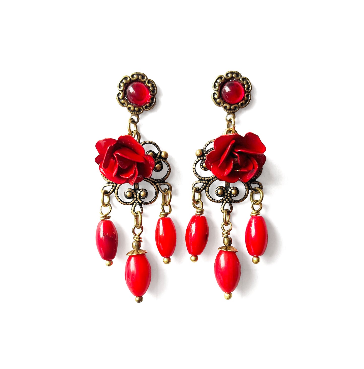 Red Rose Chandelier Earrings
