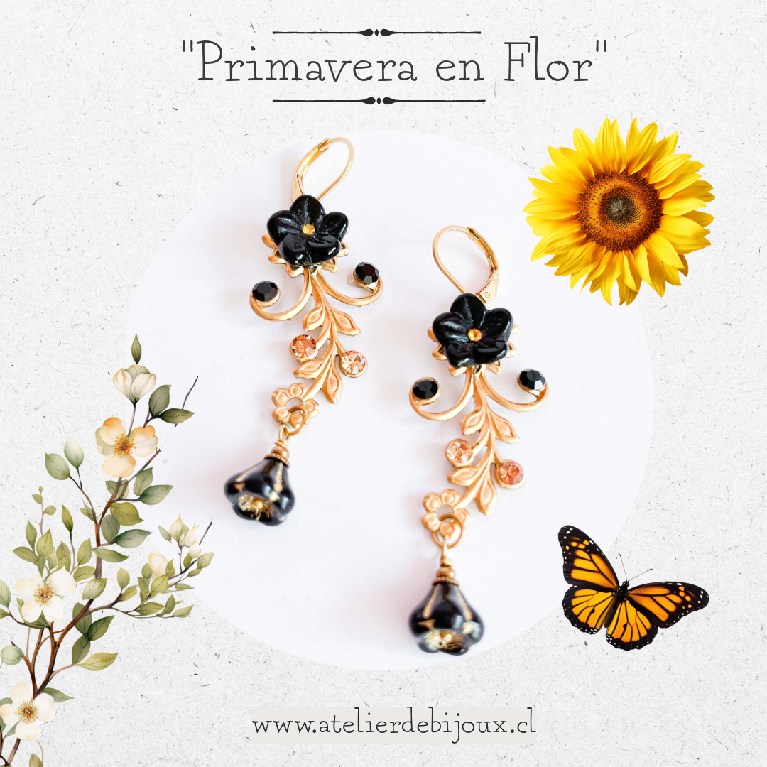Golden Twig and Black Flower Earrings