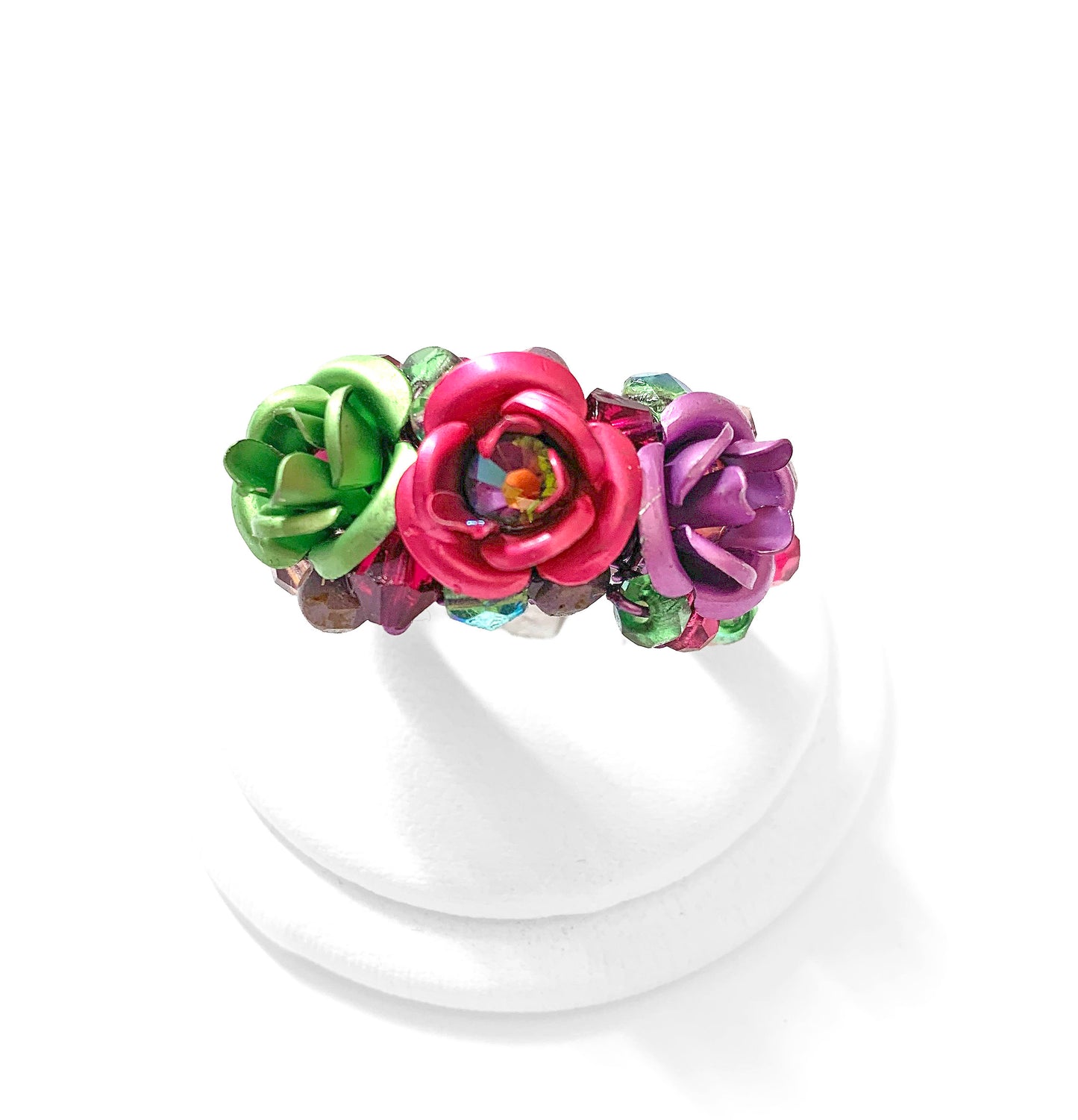 Anillo Trío de Rosas Verde Fucsia Violeta