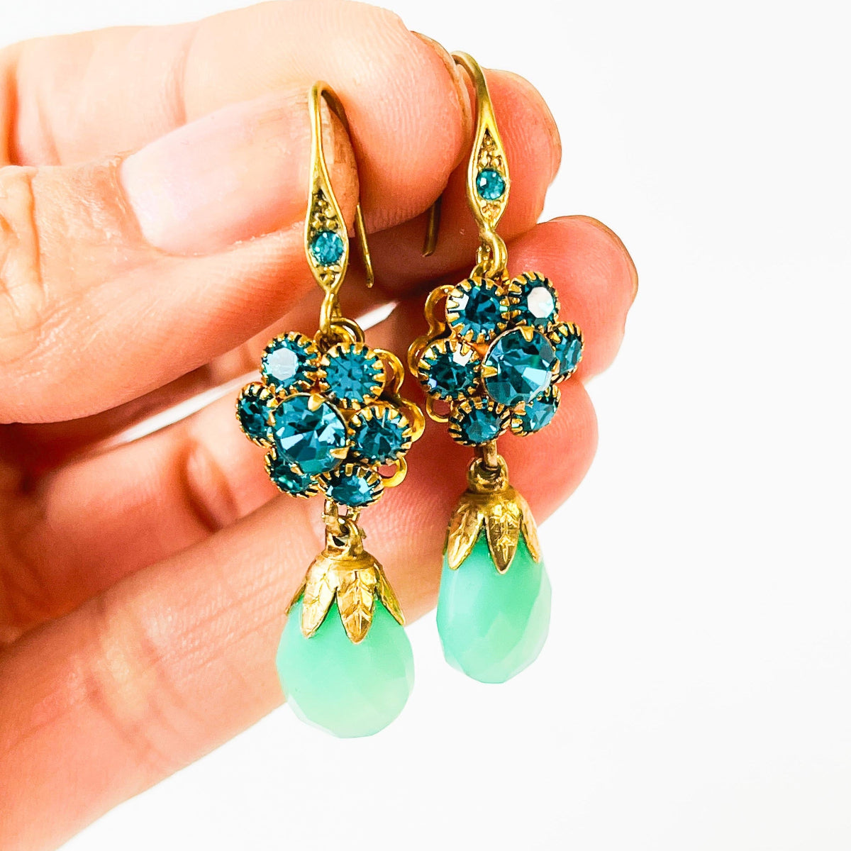 aros pendientes cristales swarovski elegantes mujer verde azulado