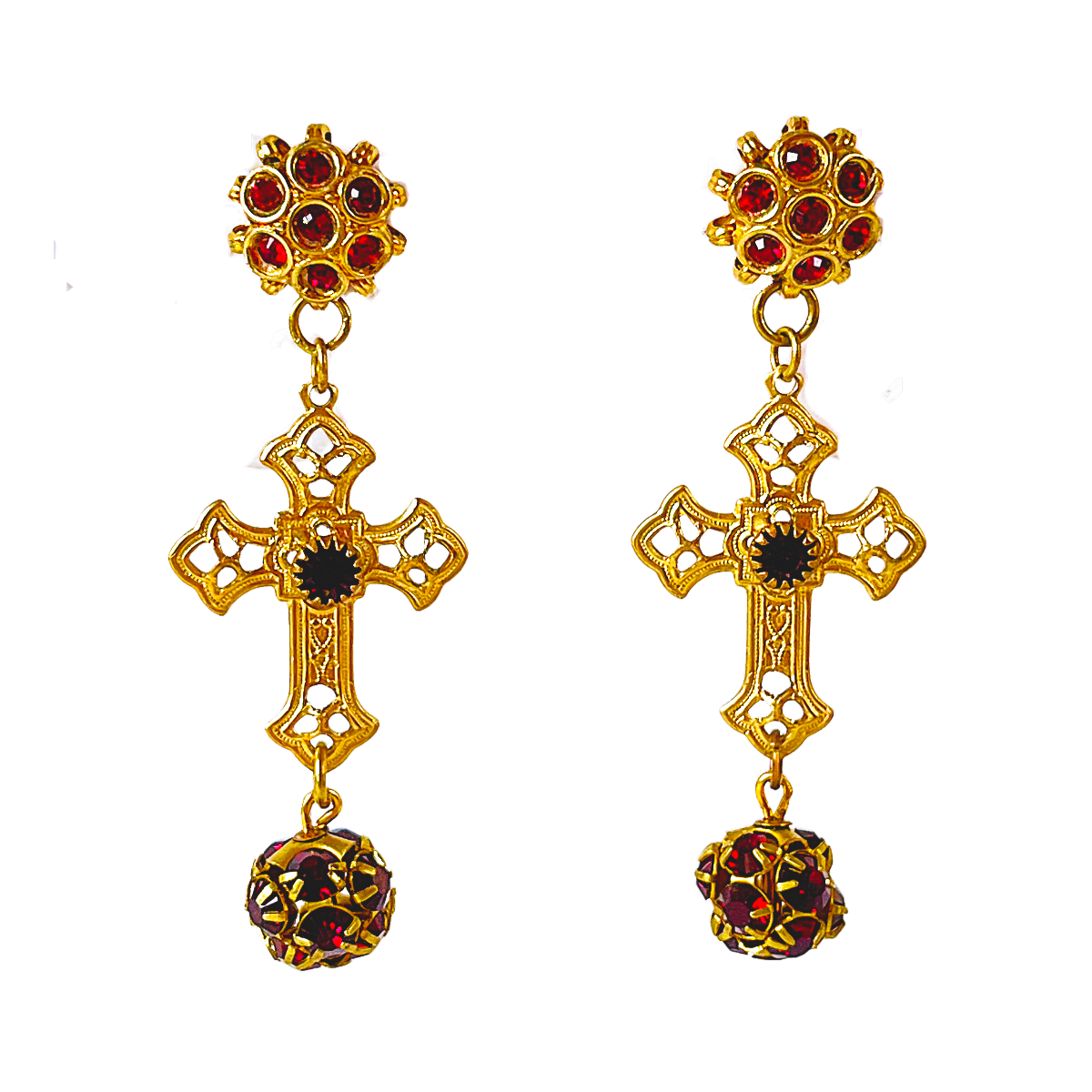 aros pendientescruz barroca en dorado y rojo