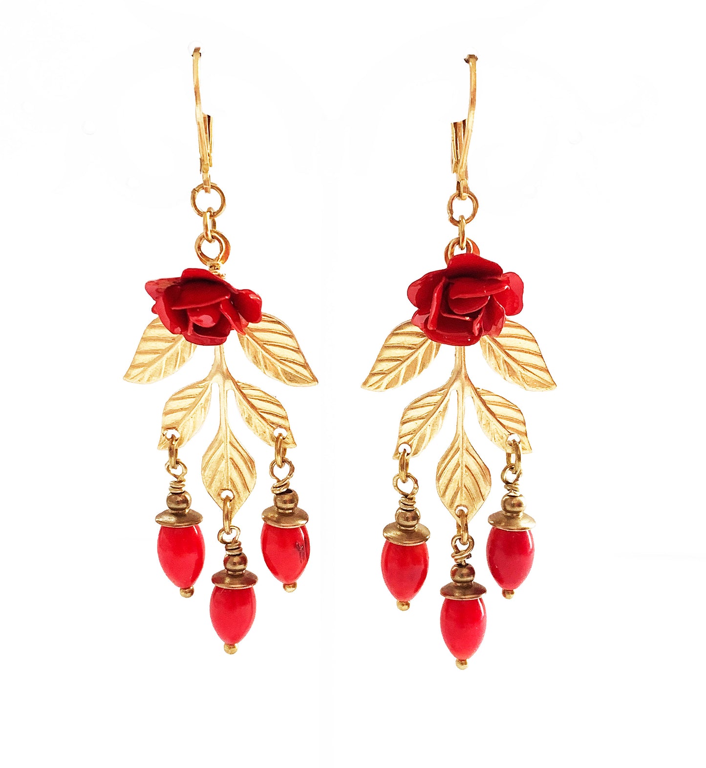 Long Red Rose Branch Earrings
