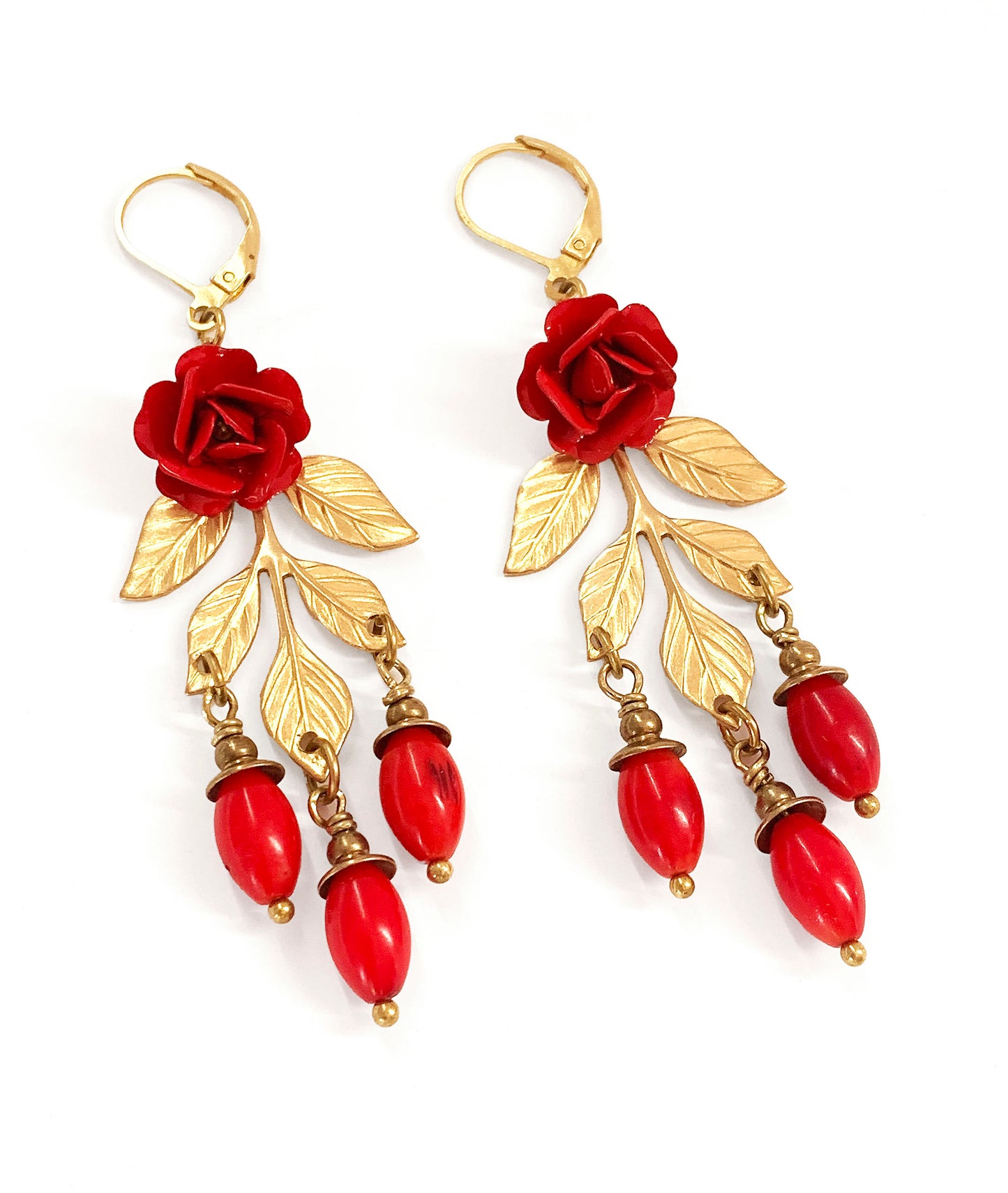 Long Red Rose Branch Earrings