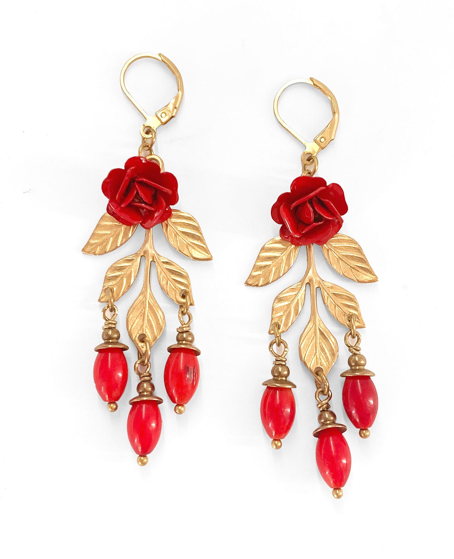 Long Red Rose Branch Earrings