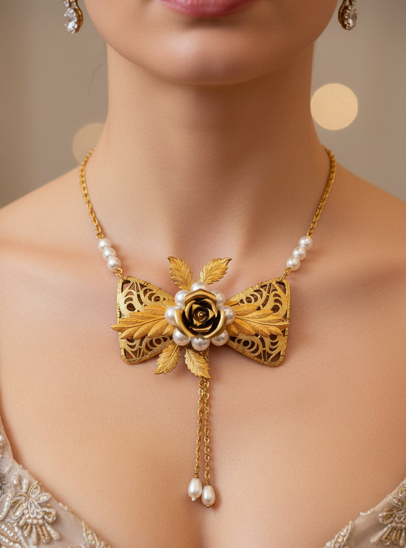 collar elegante de lazo y perlas