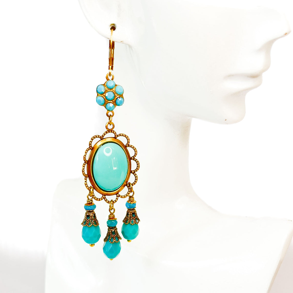 pendientes chandelier gema turquesa y cristales facetados