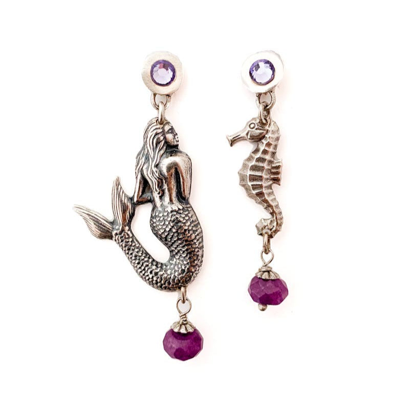 Pendientes asimétricos Sirena y Caballito de Mar