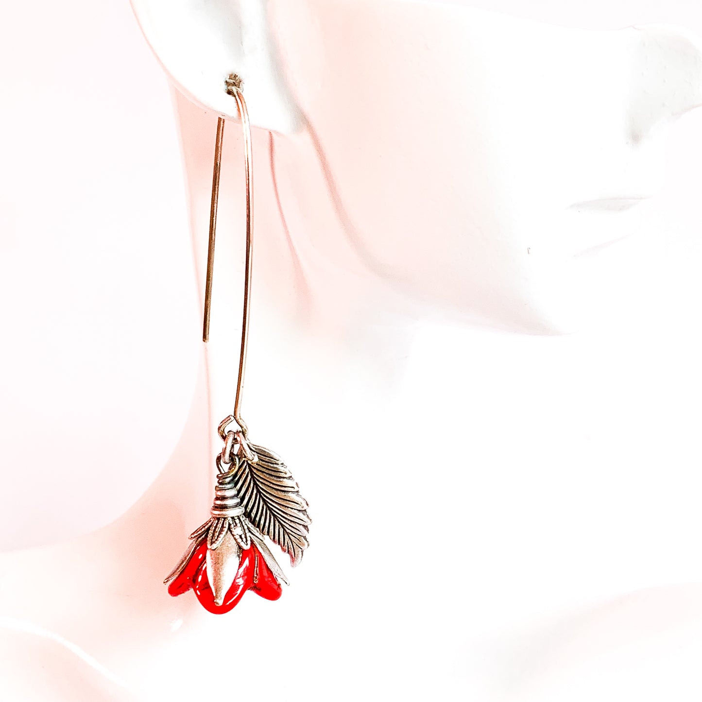 Red Flora Long Hook Earrings