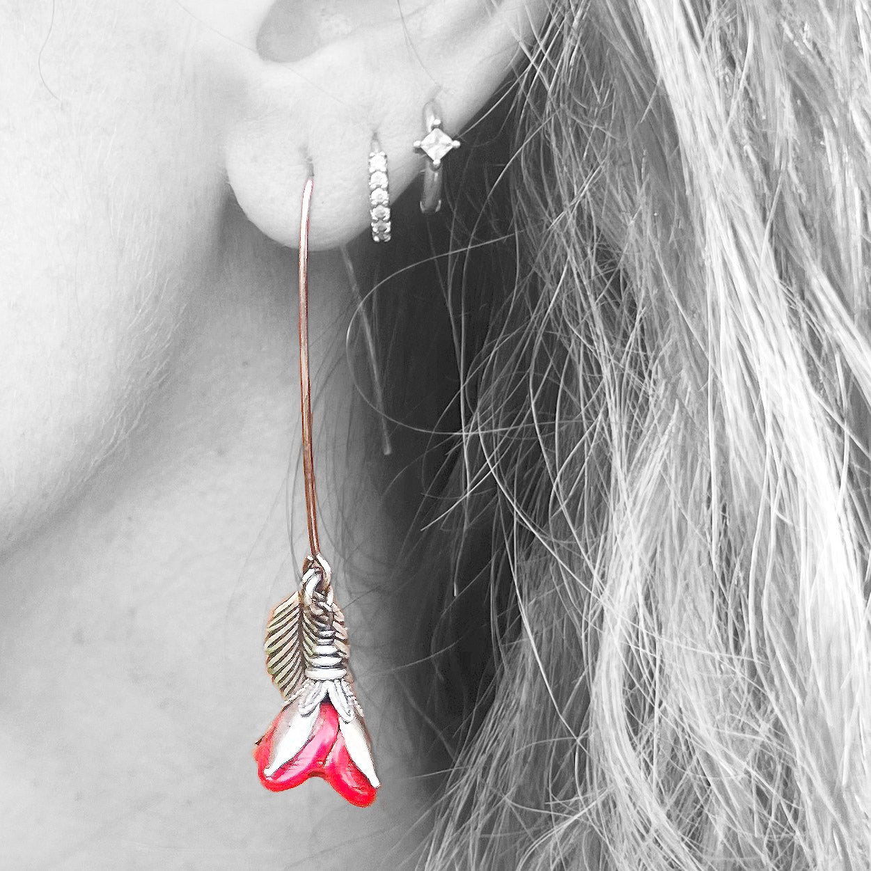 Red Flora Long Hook Earrings