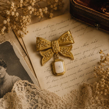 Prendedor lazo dorado con relicario | Broche vintage elegante