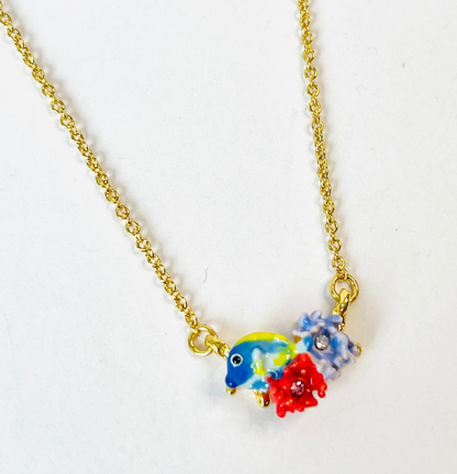 Blue Fish and Pink Anemone Pendant Necklace