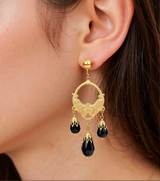 Pendientes Chandelier Negro Floral