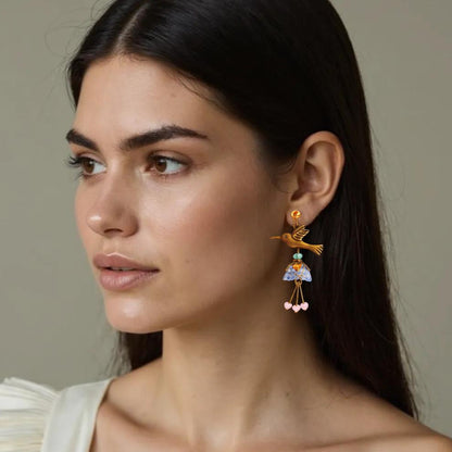 Pendientes Colibrí y Flor Campana Azul Claro