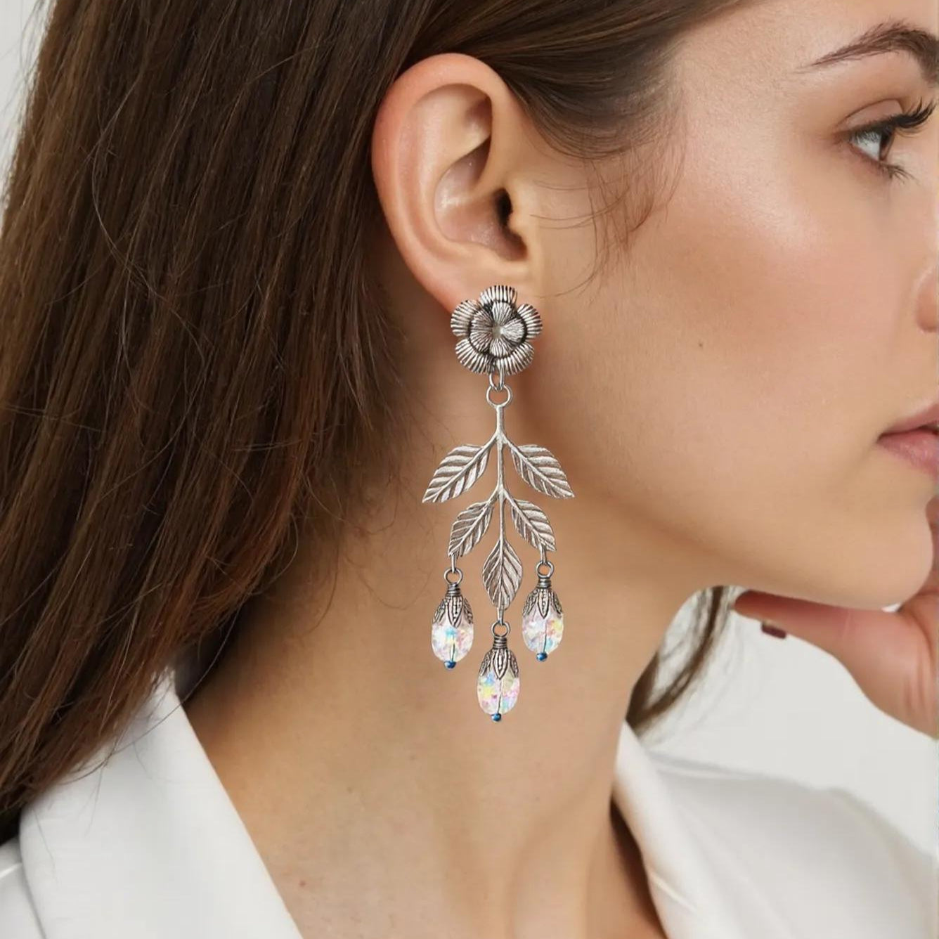 Long Branch and Flower Crystal Earrings
