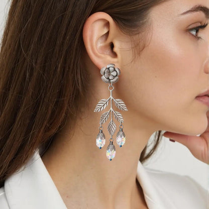 Long Branch and Flower Crystal Earrings