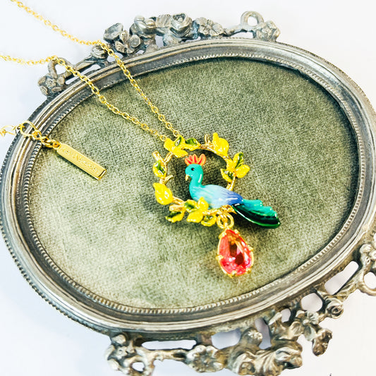 Collar Colgante Pavo Real y Gota de Cristal Facetado