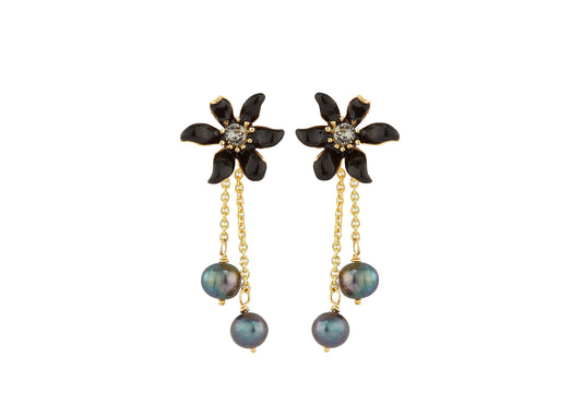 Pendientes Flor Negra y Perlas