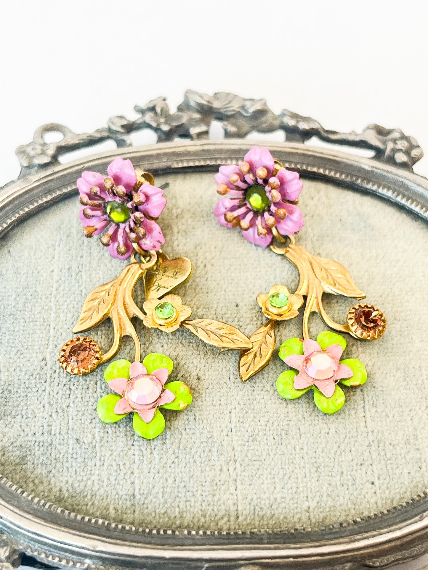 Pendientes Ramita Floral Rosado y Verde Lima