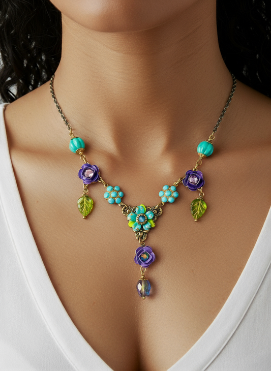 Jardín de Luna - Collar Floral con Rosas Violeta y Cristales Turquesa