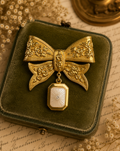 Prendedor lazo dorado con relicario | Broche vintage elegante