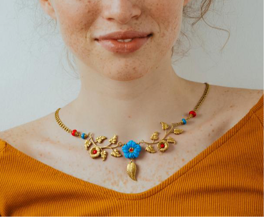 Collar Doble Rama y Flor de Nácar Azul