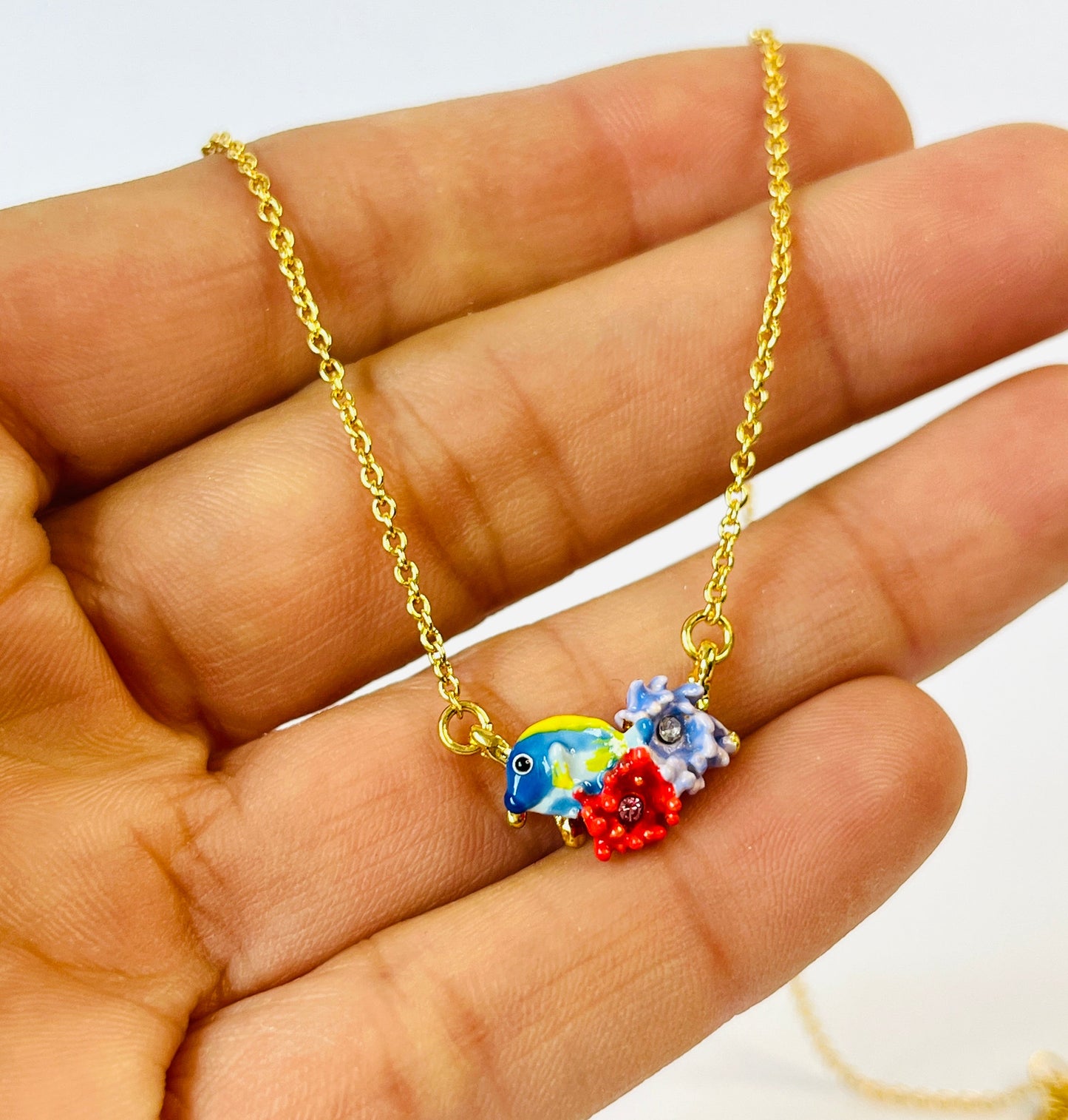 Blue Fish and Pink Anemone Pendant Necklace
