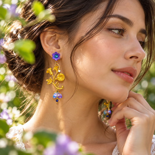 Aros Enredadera Violeta largos dorados con ramas, hojas, flores violetas y detalles de cristal.