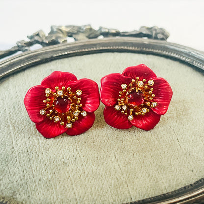 Aros Flores Esmaltadas Rojo y circones en pistilis