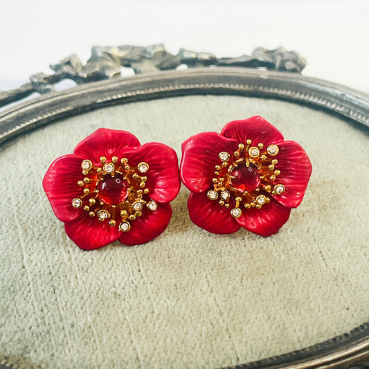 Aros Flores Esmaltadas Rojo y circones en pistilis