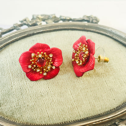 Aros Flores Esmaltadas Rojo y circones