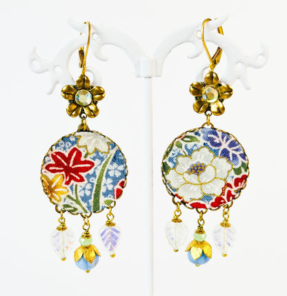 Aros Largos  Textil Tela Japonesa Floral en tonos azul