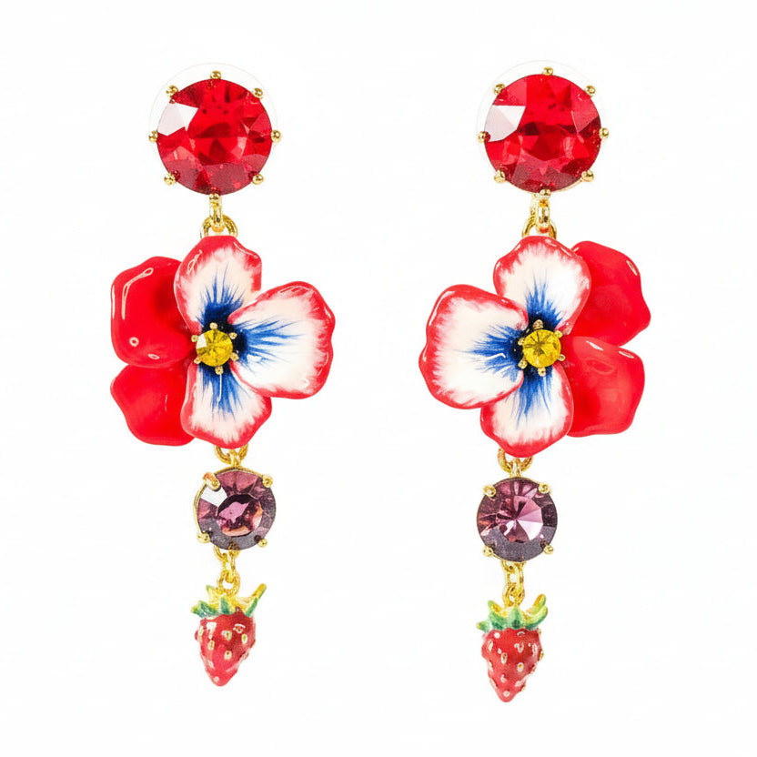 Aros Pensamiento Rojo con Cristales | Aros Florales Dorados