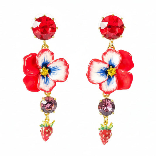 Aros Pensamiento Rojo con Cristales | Aros Florales Dorados