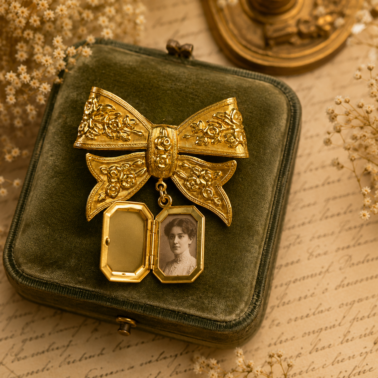 Prendedor lazo dorado con relicario | Broche vintage elegante
