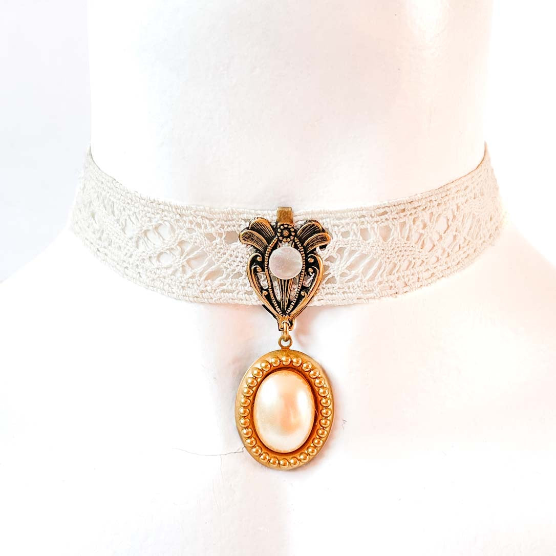 Choker de Puntilla con Colgante Perla Art Nouveau | Joyería Romántica