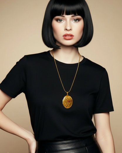 MODELO ESTIDA DE NEGRO CON COLLAR LARGO RELICARIO CHUNKY