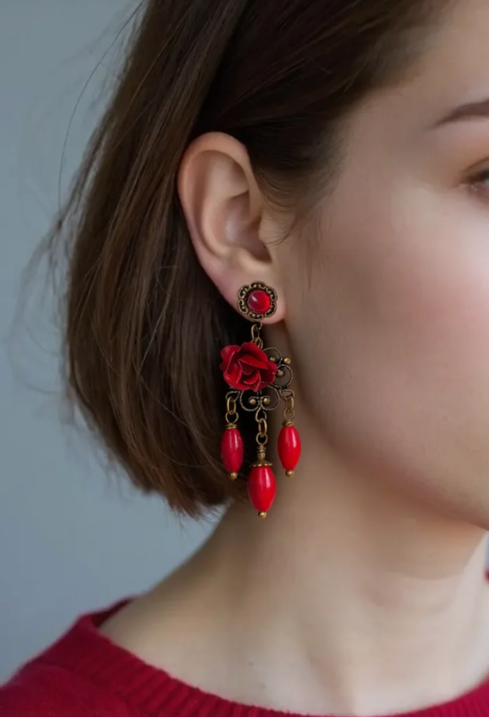 Red Rose Chandelier Earrings