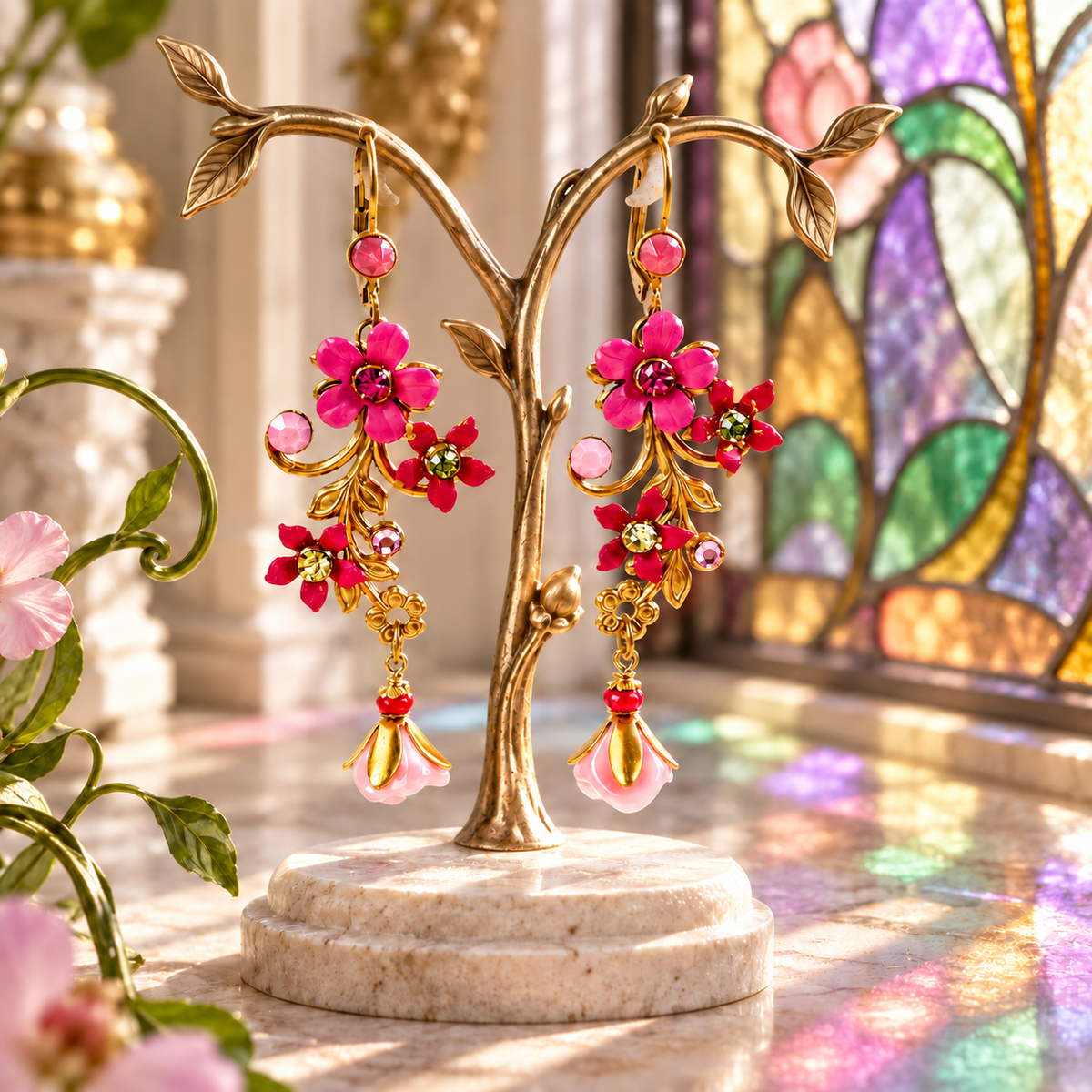 Aros Buganvilla Florales Fucsia y Dorado