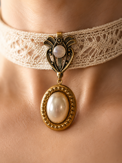 Choker de Puntilla con Colgante Perla Art Nouveau | Joyería Romántica